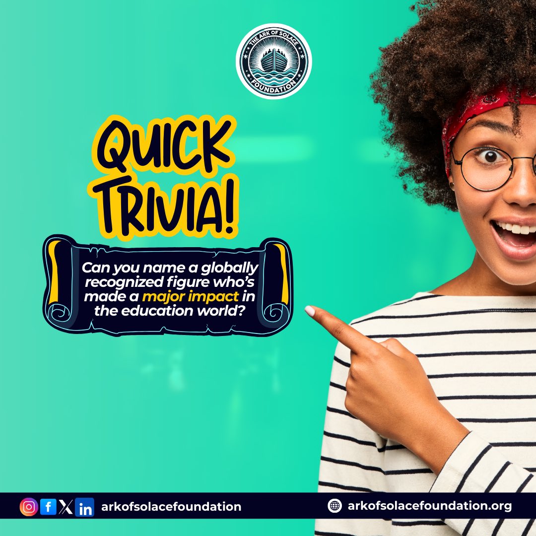 TheArkofSolace's tweet photo. Think you’ve got brains and brilliance? 
Let’s put it to the test!

Drop your answer below and show us who's champion!

=
#TAOS #TheArkOfSolaceFoundation #TheWeekend #Friday #TriviaTime Cbex #AYLiveStream Yoruba Afenifere Arrest Eedris Abdulkarim Speedy Wavy Damaturu #NonProfit https://t.co/IPPHfajnds