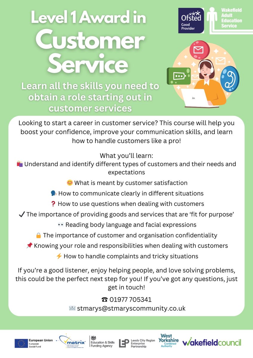 St Mary's Community Centre Pontefract (@stmarysccponte) on Twitter photo Are you looking to start a career in customer service?👥
And are looking to improve your knowledge & skills to obtain the role?📋
📣Let us help you today!📣
Please contact the centre to book or if you have any questions!
📞 01977 705341
📧 stmarys@stmaryscommunity.co.uk Are you looking to start a career in customer service?👥
And are looking to improve your knowledge & skills to obtain the role?📋
📣Let us help you today!📣
Please contact the centre to book or if you have any questions!
📞 01977 705341
📧 stmarys@stmaryscommunity.co.uk
