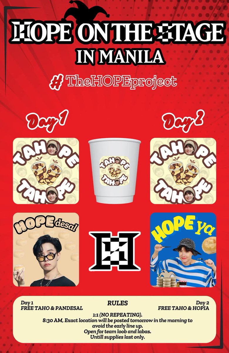 armyyahph's tweet photo. #TheHOPEproject for 𝗛𝗢𝗣𝗘 𝗢𝗡 𝗧𝗛𝗘 𝗦𝗧𝗔𝗚𝗘 𝗜𝗡 𝗠𝗔𝗡𝗜𝗟𝗔 will start tomorrow, April 12  Day 1 and followed by April 13, Day 2 ❤️‍🔥

𝗗𝗔𝗬 𝟭
• taHOPE (Taho)
• HOPEdesal (Pandesal)

𝗗𝗔𝗬 𝟮
• taHOPE (Taho)
• HOPEya (Hopia) https://t.co/GWPeXn7zcN