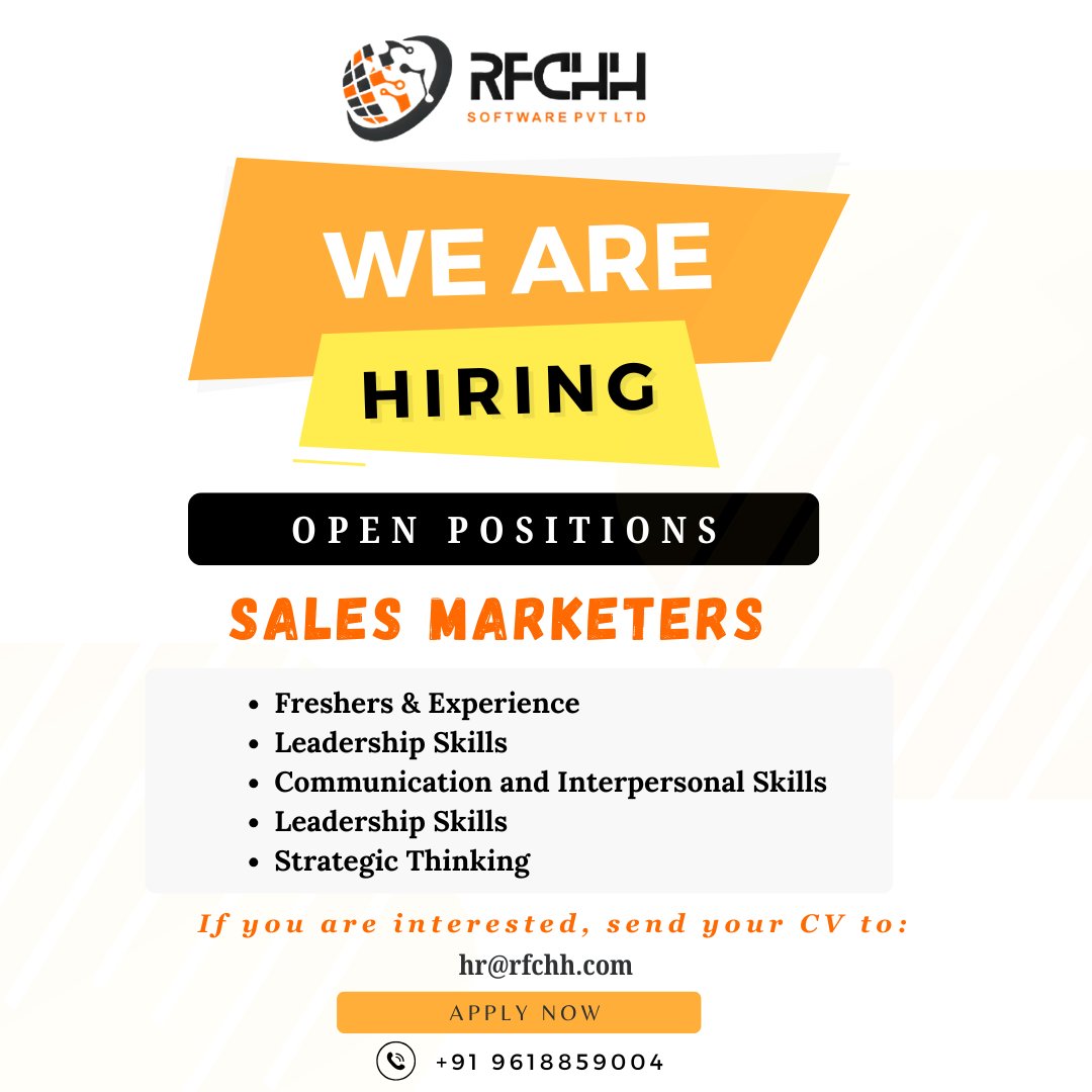 rfchhsoftware's tweet image. 🚨 WE ARE HIRING! 🚨
Are you ready to kick-start your career or take it to the next level?
RFCHH Software Pvt Ltd is looking for Sales Marketers to join our dynamic team!

📩 Send your resume to hr@rfchh.com
📞 Contact: +91 9618859004

#RFCHHSOFTWARE #RFCHHHIRING #HiringAlert
