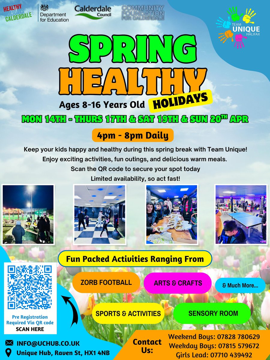 Unique Community Hub (@uniquehubb) on Twitter photo Our April HAF camps kick off on Monday with a packed week of 11 amazing sessions! Don’t miss out on the fun and learning. Sign up now if you haven’t already! Check out the flyers attached for more details. 🏕️ 🍉 ⚽️
<a href="/HAFCalderdale/">Healthy Holidays Calderdale Programme</a> <a href="/ActiveCdale/">Active Calderdale</a> <a href="/educationgovuk/">Department for Education</a> Our April HAF camps kick off on Monday with a packed week of 11 amazing sessions! Don’t miss out on the fun and learning. Sign up now if you haven’t already! Check out the flyers attached for more details. 🏕️ 🍉 ⚽️
<a href="/HAFCalderdale/">Healthy Holidays Calderdale Programme</a> <a href="/ActiveCdale/">Active Calderdale</a> <a href="/educationgovuk/">Department for Education</a>