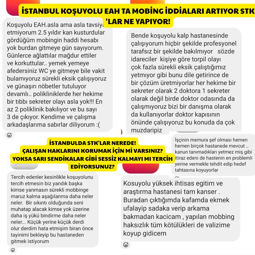 YER İSTANBUL KOŞUYOLU EAH!!
ONLARCA ÇALIŞANDAN MOBİNG VE ARTAN BASKILARDAN DOLAYI MESAJLAR.
STKLAR SAHADAN HABERSİZ Mİ ?
<a href="/saglikcisesiyiz/">Sağlıkçıların Sesi</a> <a href="/SaHaDernegi/">Sağlık Çalışanları Hak Ve Mücadele Derneği</a>
<a href="/sesgenelmerkezi/">SES Genel Merkezi</a> <a href="/hepsen_2020/">HEP-SEN</a>
<a href="/gencsagliksend/">Genç Sağlık Sendikası</a> <a href="/genelsaglikis/">Genel Sağlık-İş Genel Merkez</a> 
<a href="/hepsenistanbul/">HEP-SEN®İSTANBUL</a> <a href="/genelsaglikis34/">Genel Sağlık-İş İstanbul</a>
<a href="/SaHaDernegi/">Sağlık Çalışanları Hak Ve Mücadele Derneği</a> 
#Beyazkod1111