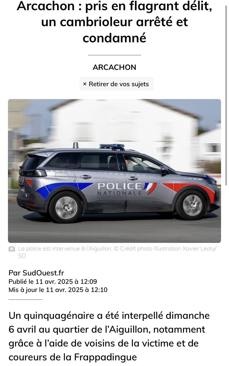 Plus aucun territoire n’est épargné, pas même #Arcachon. 
🙏🏻 Merci &amp; bravo aux forces de l’ordre pour leur réactivité &amp; leur efficacité. 
🤝🏻 Soutien total à ceux qui veillent sur notre sécurité au quotidien.