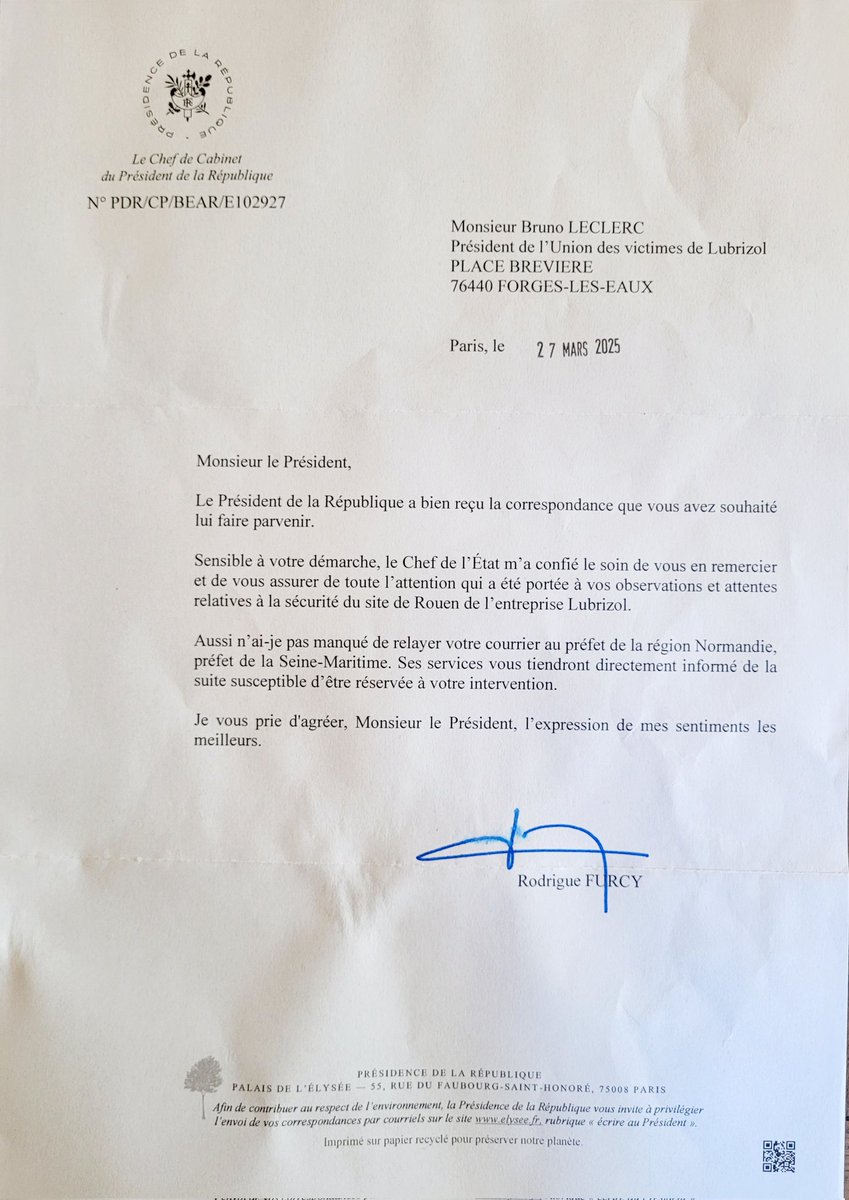 La présidence répond à nos courriers, merci. 
Et heureusement, <a href="/Prefet76/">Préfet de Normandie et de la Seine-Maritime</a> est resté vigilant sur la #sécurité chez #Lubrizol