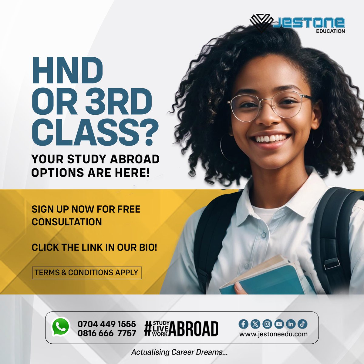 JestoneEdu's tweet photo. To book a  FREE CONSULTATION, Send us a DM, Call/WhatsApp at +234 704 449 1555, +234 816 6667 757. Terms and conditions apply!

#JestoneEducation #StudyAbroadWithHND #StudyAbroadWithThirdClass #TopUpDegree #PreMasters #FreeConsultation #InternationalStudents #EducationAbroad #UKUniversities #PathwayPrograms #StudyInUK #GlobalEducation #YourFutureStartsHere