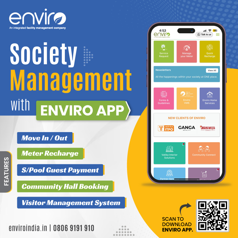 enviro_india's tweet photo. #SocietyOperations for #RWA & #Residents alike, Easy & On time. The #EnviroApp makes bookings & payments super smooth for all. Backed by a 24X7 #CustomerSupport team.
#OneApp #App #EnviroApp #Society #Apartment #Township #Enviro #FacilityManagement #IFMS #BuildingMaintenance https://t.co/VdHwjzHHLP