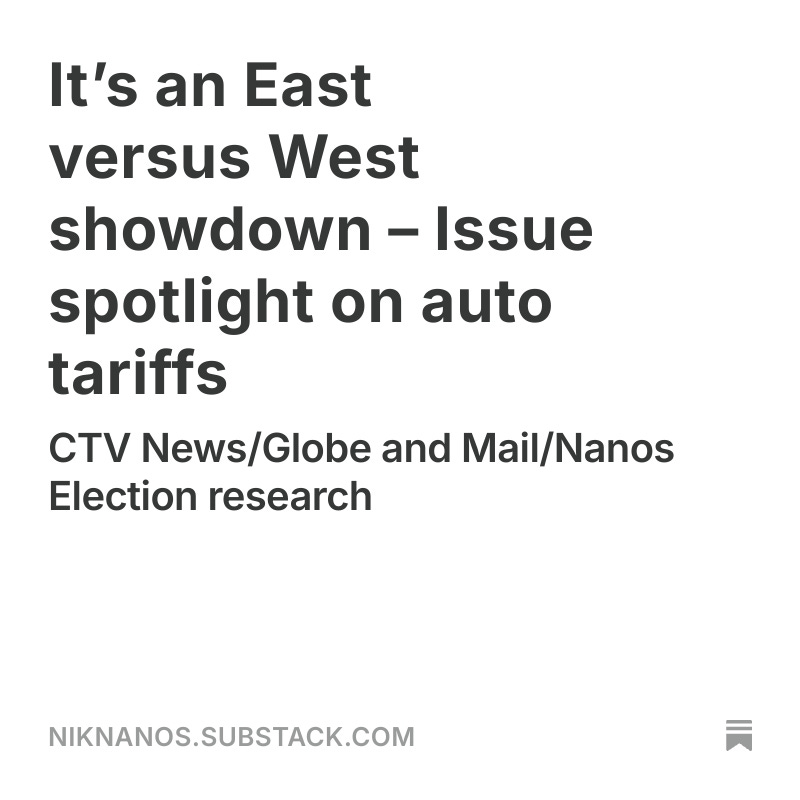It’s an East versus West showdown – Issue spotlight on auto tariffs @ctvnews <a href="/globeandmail/">The Globe and Mail</a> <a href="/niknanos/">NikNanos.DataHound.KeynoteSpeaker</a> election research and tracking > LPC 44, CPC 38, NDP 9 field ending last night (Apr 10) open.substack.com/pub/niknanos/p…