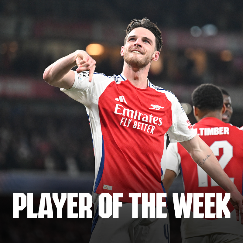 Arsenal's tweet photo. The first player in Champions League history to score two direct free-kicks in a knockout stage match 🎯

Declan Rice has been named the UEFA Champions League Player of the Week! 👇