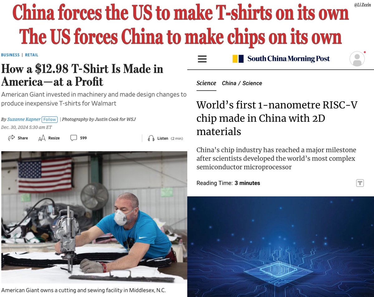 XH_Lee23's tweet photo. The current China-US competition is more like:
🇨🇳China forces the US to make T-shirts on its own 
🇺🇸The US forces China to make chips on its own

But easy stuffs are not easy to make, it also needs supply chains and massive labor. https://t.co/E4SYSRnTdL