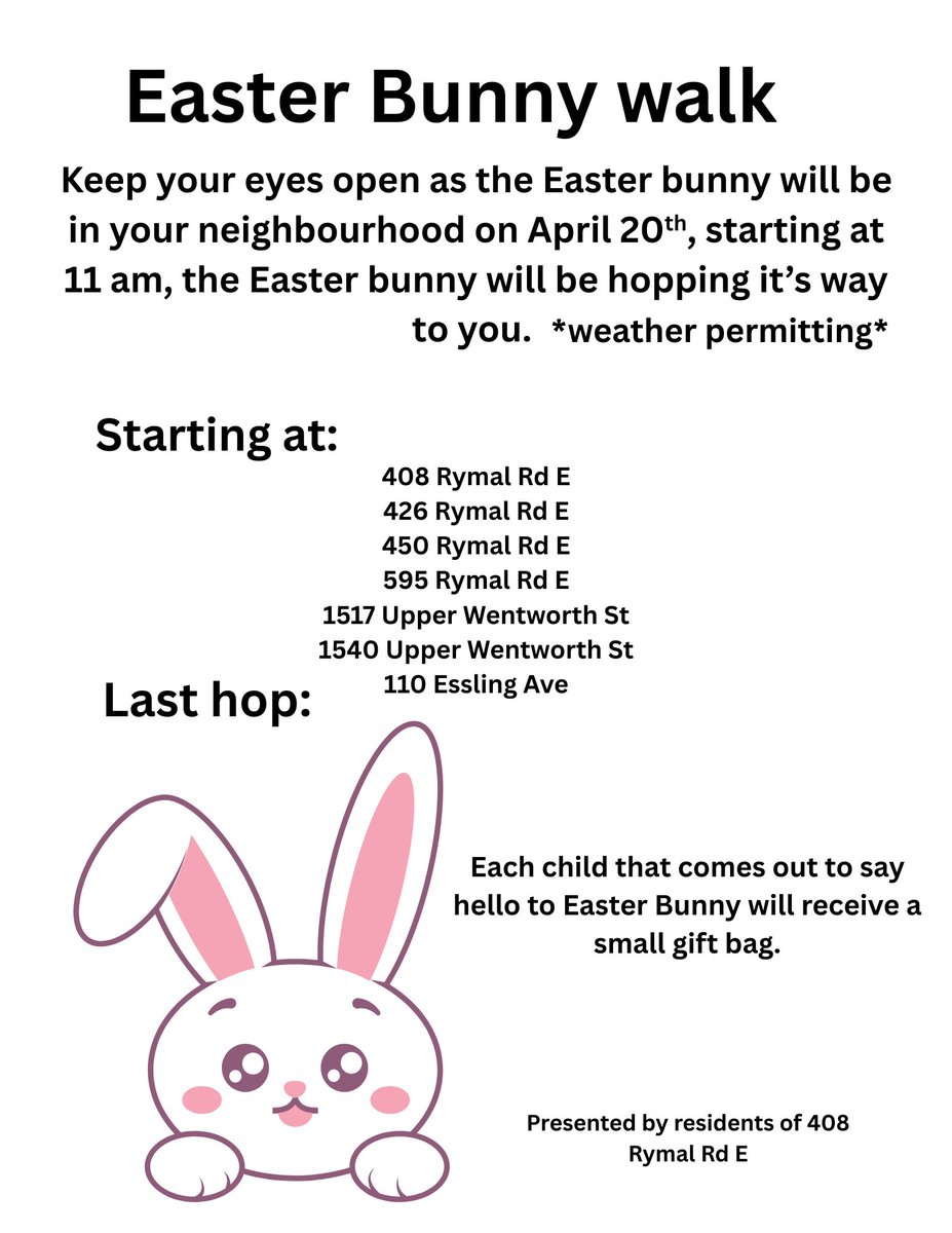 NOTICE TO ALL OUR South Mountain Residents:

Watch for a special visitor hopping 🐇 through your neighbourhood on #Easter .

If you stop and say hi, you may get a surprise. 
🥚🥚🥚

#LoveWhereYouLive <a href="/vicparkch/">Victoria Park Community Homes</a> 
<a href="/PaulsEsther/">Councillor Esther Pauls (Hamilton Ward 7)</a> <a href="/lisahepfner/">Lisa Hepfner</a> <a href="/MCirielloMPP/">Monica Ciriello</a>  
#affordablehousing 
<a href="/ONPHA/">Ontario Non-Profit Housing Association (ONPHA)</a>