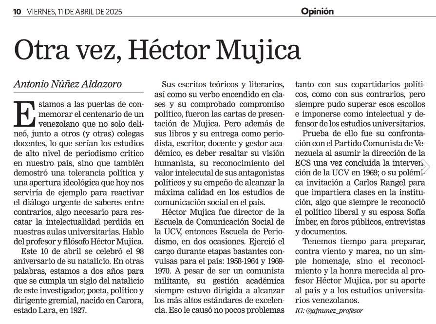 Esta semana celebramos con un artículo en <a href="/UNoticias/">Últimas Noticias</a> el 98° aniversario del natalicio del periodista, docente, poeta, político e investigador Héctor Mujica (Carora, 1927). Estamos por celebrar su centenario y algo hay que hacer para rendir homenaje a este gran venezolano. 
 #UCV