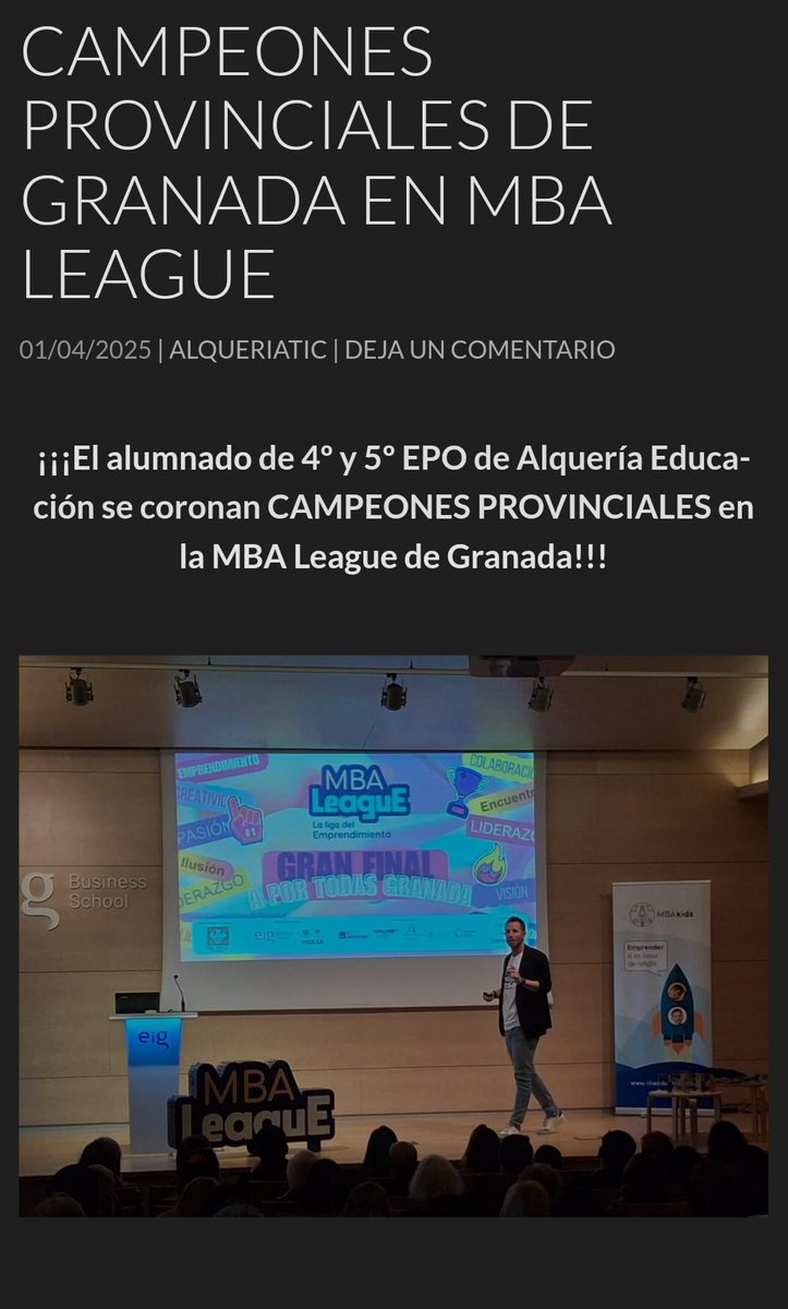 AlqueriaEduca's tweet photo. Alquería educación gana en Granada el concurso de emprendimiento MBA Kids y se clasifica para la fase nacional cuya final se celebra en Madrid el próximo mes de mayo. Enhorabuena a alumnado y tutores por su excelente  y colaborativo trabajo. La fuerza del equipo. https://t.co/jC0REaeoI4