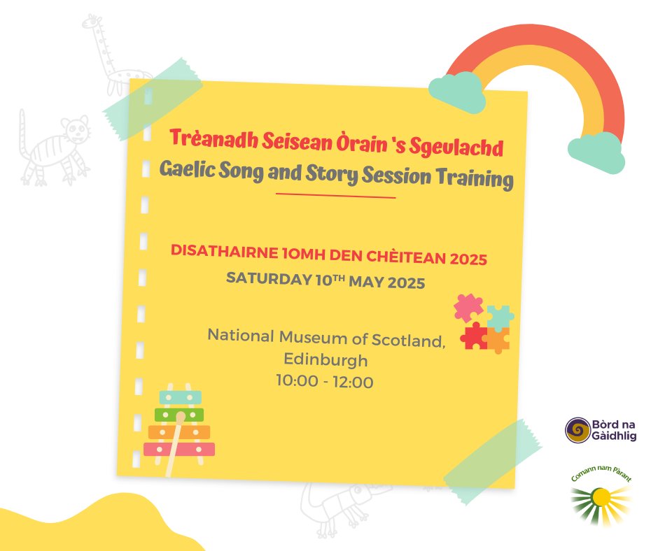Bòrd na Gàidhlig (@bordnagaidhlig) on Twitter photo 📢Seisean Trèanaidh Òrain 's Sgeulachd ann an Dùn Èideann‼️
Tha BnG agus <a href="/CnPNaiseanta/">Comann Nam Pàrant</a> air seisean trèanaidh a chur air dòigh do dhaoine a tha airson seiseanan òrain 's sgeulachd tràth-ìrean a lìbhrigeadh.
Barrachd fios & clàradh📲👇
bit.ly/Trèanadh--Seis…
#Gàidhlig #Gaelic 📢Seisean Trèanaidh Òrain 's Sgeulachd ann an Dùn Èideann‼️
Tha BnG agus <a href="/CnPNaiseanta/">Comann Nam Pàrant</a> air seisean trèanaidh a chur air dòigh do dhaoine a tha airson seiseanan òrain 's sgeulachd tràth-ìrean a lìbhrigeadh.
Barrachd fios & clàradh📲👇
bit.ly/Trèanadh--Seis…
#Gàidhlig #Gaelic