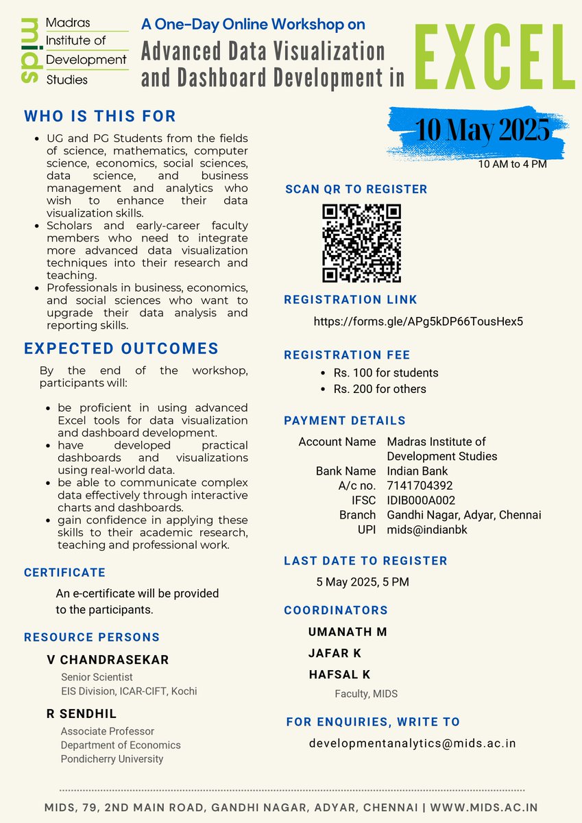 Workshop on Advanced Data Visualization and Dashboard Development in EXCEL. This workshop covers: Introduction to Advanced Excel Features for Data Visualization, Dynamic Dashboards, Data Analysis, Practical Hands-On Sessions, Tools and Tips. For more details 👇