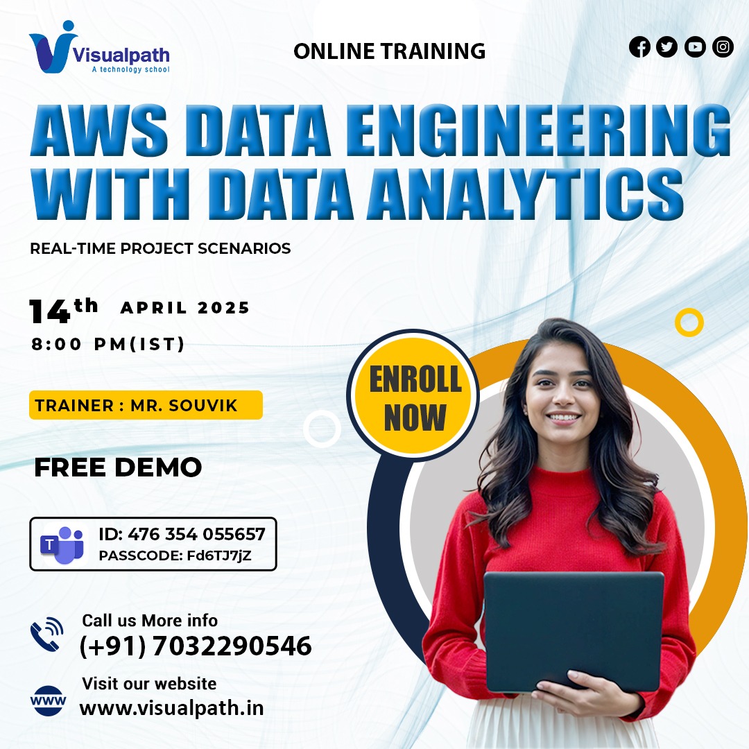 VisualpathPro's tweet image. Join Link: bit.ly/43PiwCY
Meeting ID: 476 354 055657
Passcode: Fd6TJ7jZ
Attend Online #FreeDemo On #AWSDataEngineering with #DataAnalytics
Demo on: 14th April 2025 @ 8:00 PM
Call us: +91 7032290546
WhatsApp: wa.me/c/917032290546
Visit: visualpath.in/online-aws-dat…