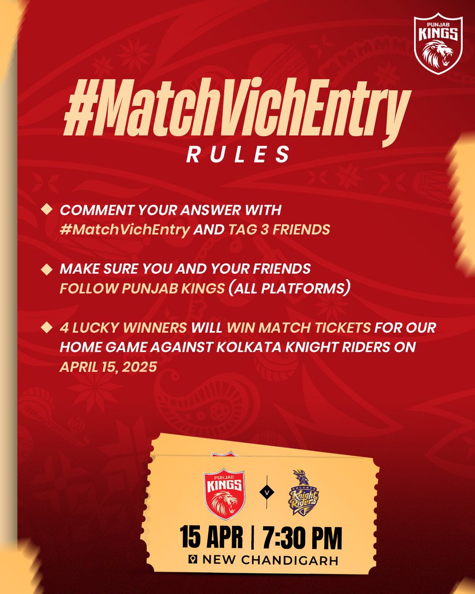 PunjabKingsIPL's tweet image. Grab the 🎟️ for our face-off against the 𝐊𝐧𝐢𝐠𝐡𝐭𝐬! ⚔️

#SherSquad, answer the question, follow the simple rules, and stand a chance to witness the #PBKSvKKR game live in New Chandigarh! 🤩

#PunjabKings #IPL2025 #BasJeetnaHai #MatchVichEntry