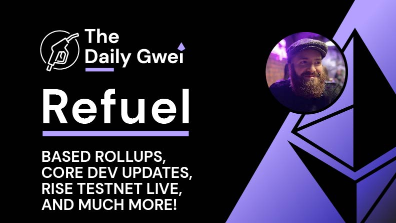 sassal.eth/acc π¦π (@sassal0x) on Twitter photo The latest <a href="/thedailygwei/">The Daily Gwei π¦π</a> Refuel is ready for your consumption! β½
Today's topics:
- Based rollups π
- Core dev updates π€
- Rise testnet live π
- and much more β
Watch π
youtu.be/_NWW19Aiv7Y The latest <a href="/thedailygwei/">The Daily Gwei π¦π</a> Refuel is ready for your consumption! β½
Today's topics:
- Based rollups π
- Core dev updates π€
- Rise testnet live π
- and much more β
Watch π
youtu.be/_NWW19Aiv7Y