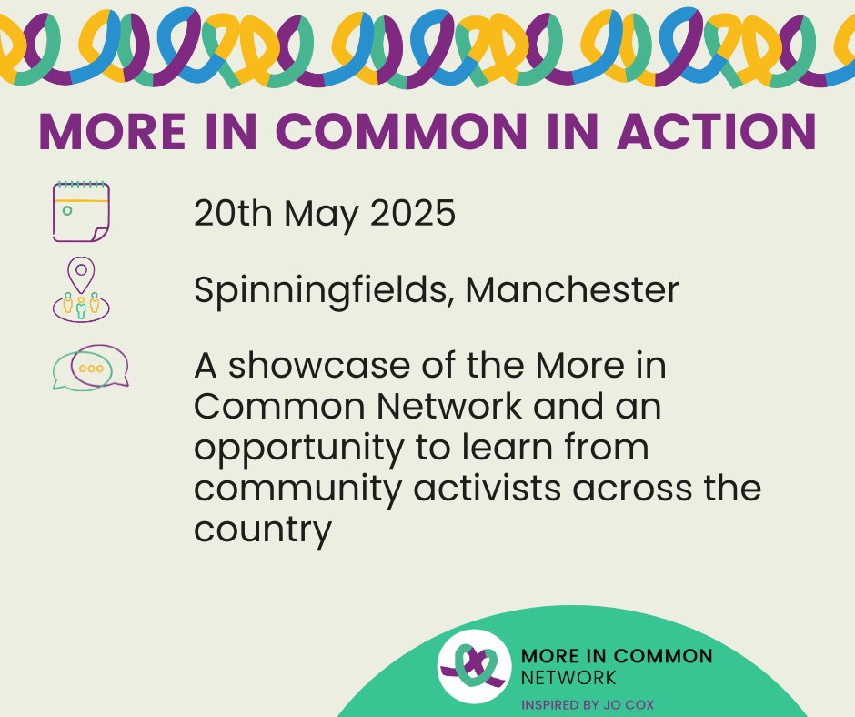 Join us at our More in Common in Action event on 20 May in Manchester for opportunities to learn valuable skills for community building from experts in the field and peers across the country.

Spaces are limited, so book now to secure your place 👇

🔗eventbrite.co.uk/e/more-in-comm…