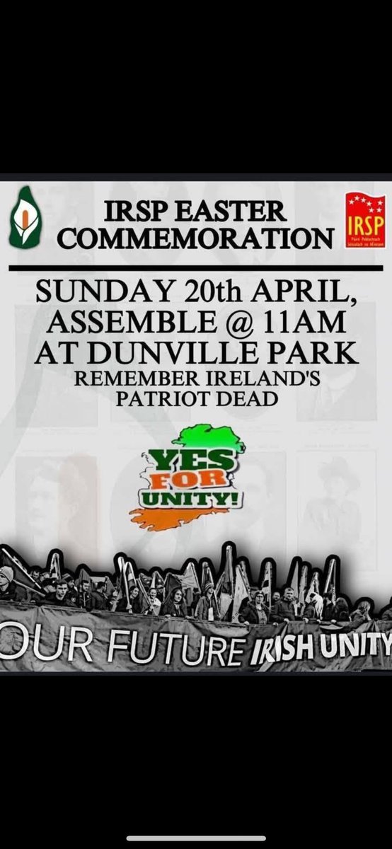 DublinIrsp1974's tweet photo. Republican Socialist National Easter Commemoration

📅 Sunday 20th of April 
⏰ Assemble 11am 

📍Dunville Park, Falls road - Belfast 

March to milltown Cemetery 

Remembering Ireland’s Patriot Dead https://t.co/Hea7OIhp7C
