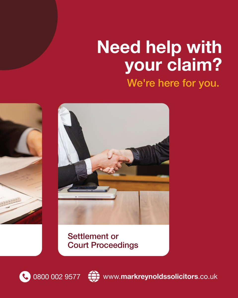 MarkReynoldsSol's tweet photo. We’ve broken the claims process down into simple steps so you know what to expect, from first call to possible settlement or court case ➡️

🔴 Learn more: https://t.co/tD3ddi6Ajl 
📞 0800 002 9577

#markreynoldssolicitors #personalinjuryclaim #legaladvice #legalsupport #lawfirm https://t.co/k0sNWFHNqY