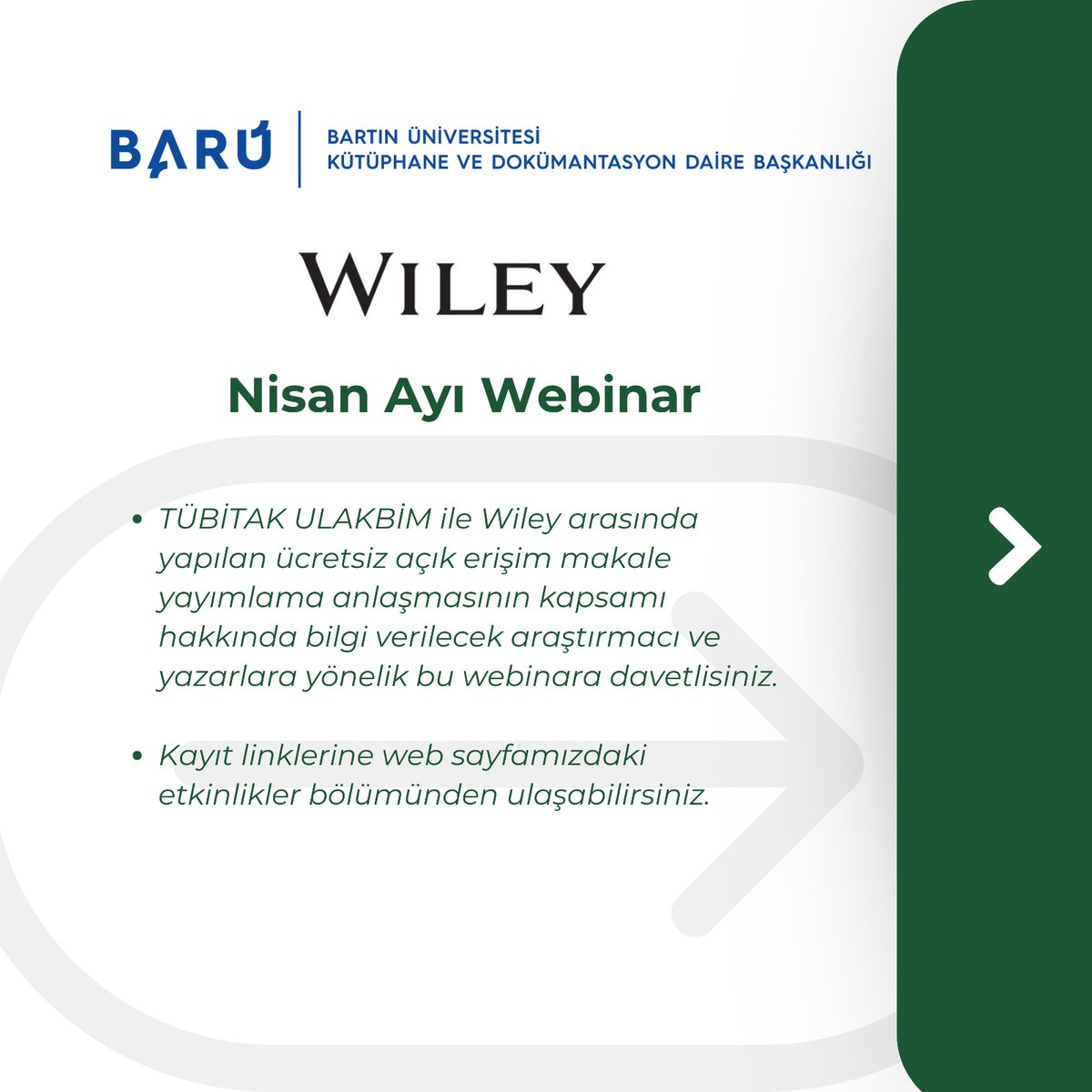 bartinkutuphane's tweet photo. 📢 Akademisyen ve araştırmacılar için önemli bir fırsat!
📚 TÜBİTAK ULAKBİM + WILEY iş birliğiyle ücretsiz Açık Erişim Makale Yayın Anlaşmasına yönelik eğitim sizleri bekliyor!

🗓️ 15 Nisan 2025, Salı
⏰ 13.00
📍 Webex

🔗 Detaylar ve kayıt için 
https://t.co/3UH83fqfV5 https://t.co/ba7WEK35ts
