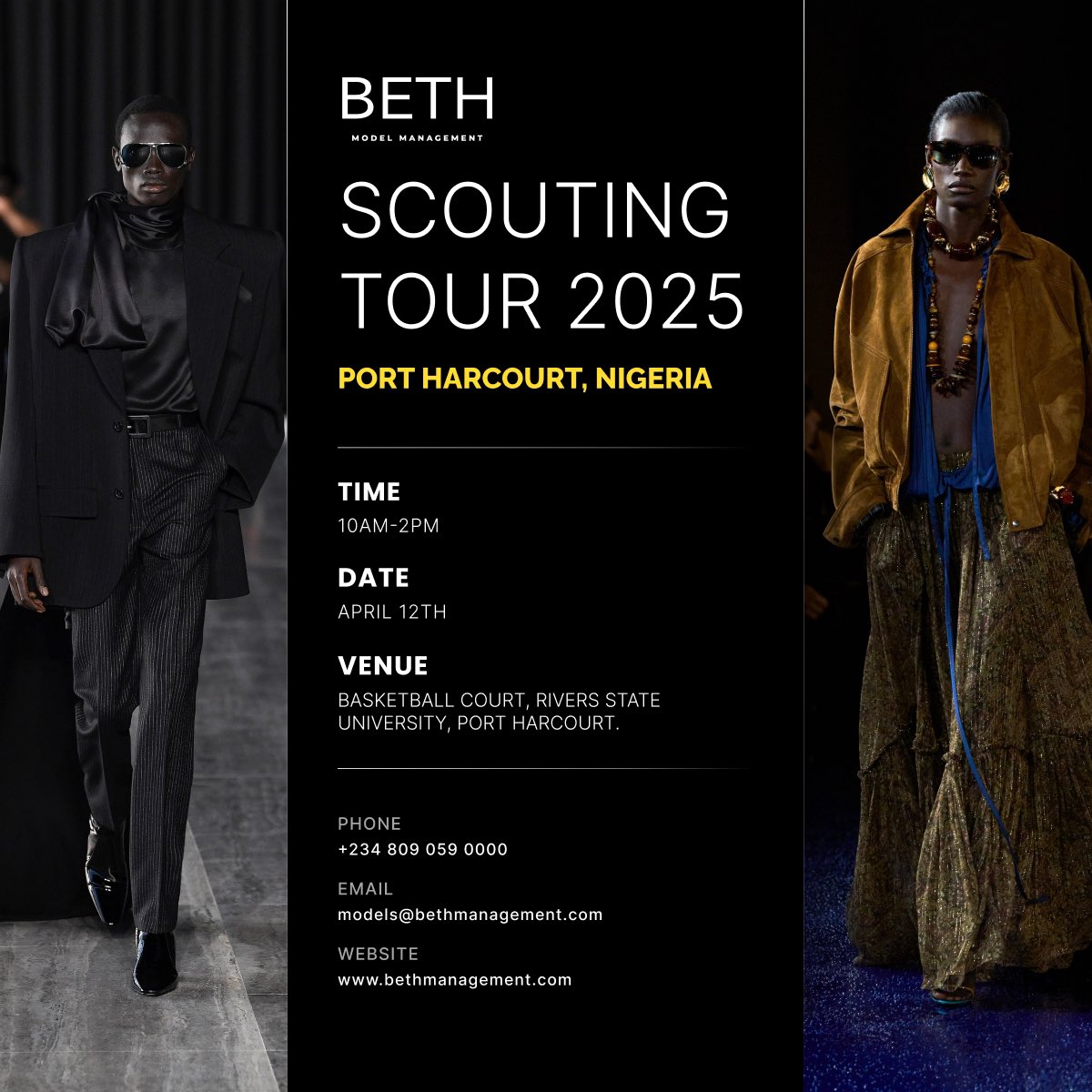 bethmodels_'s tweet image. Our scouting tour kicks off tomorrow in Abuja, Benin, and Port Harcourt!
This is your chance to be discovered and signed by Beth Model Management.
Make sure you show up ready