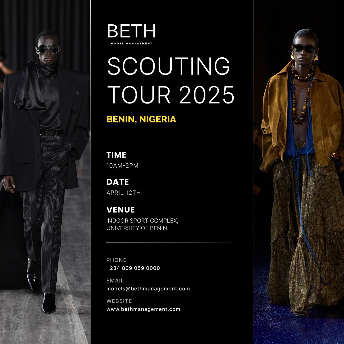 bethmodels_'s tweet image. Our scouting tour kicks off tomorrow in Abuja, Benin, and Port Harcourt!
This is your chance to be discovered and signed by Beth Model Management.
Make sure you show up ready
