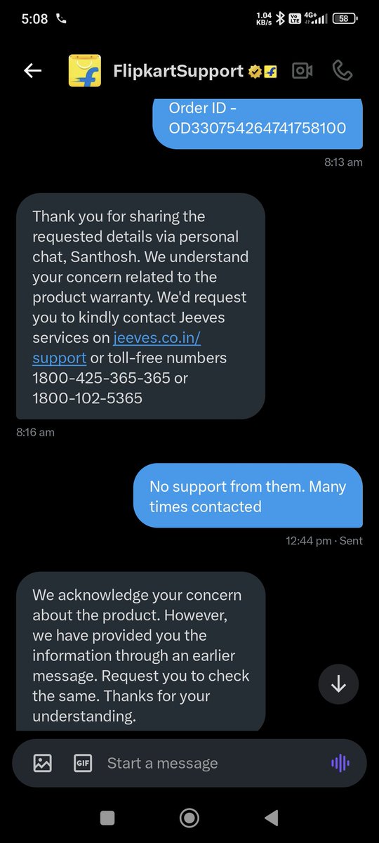 santhoshshebbar's tweet photo. @Flipkart only for sales. No support. This is the support only in messages. No resolution. Don't buy valuable things in Flipkart... No support... https://t.co/ALjOcdp6EP