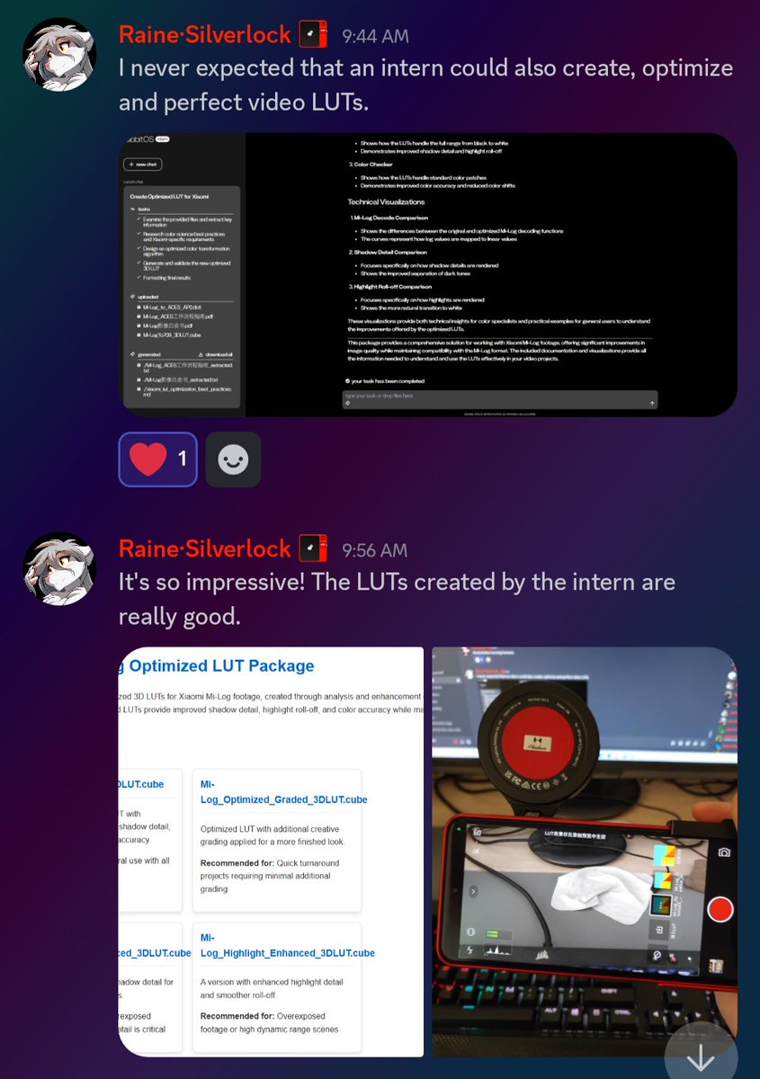 SimonBalmain's tweet photo. One of our community members is using #rabbitOSintern to make video LUTs for the camcorder on their Xiaomi phone. Gotta admit, I hadn't considered this use case but it's great to see that intern handled it like a champ! @rabbit_hmi https://t.co/JtzN9TYKm1