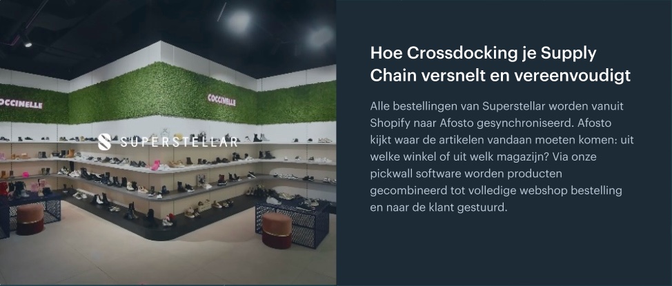 Wat is crossdocking? 

Steeds meer webshops versnellen hun supply chain en verlagen opslagkosten door producten direct van binnenkomst naar verzending te verwerken. In Afosto regel je dit met leververzoeken, scan-app &amp; pickwall. 

Meer weten? afosto.com