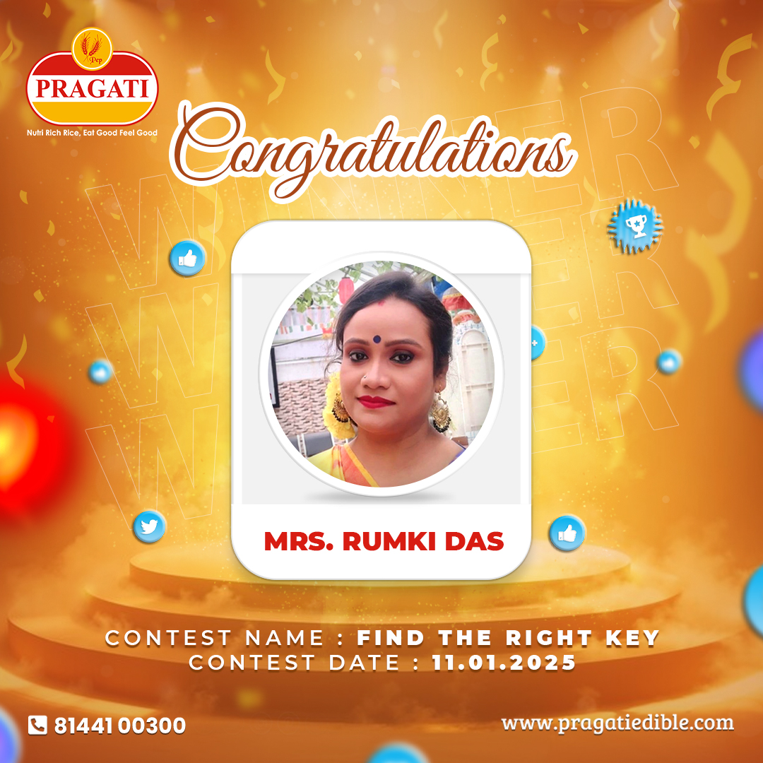 PragatiEdibles's tweet photo. 📣 We are happy to announce the #Winner of 𝐅𝐢𝐧𝐝 𝐓𝐡𝐞 𝐑𝐢𝐠𝐡𝐭 𝐊𝐞𝐲  #Contest. Congratulations 𝓜𝓻𝓼. 𝓡𝓾𝓶𝓴𝓲 𝓓𝓪𝓼
Contest link - https://t.co/cjhfCw3ZGA
.
.
.
#PragatiRice #ContestWinner #ContestAlert #ContestTime #Giveaway #PrizeDraw #LuckyWinner #ContestPrize https://t.co/dWOt7B8SGM