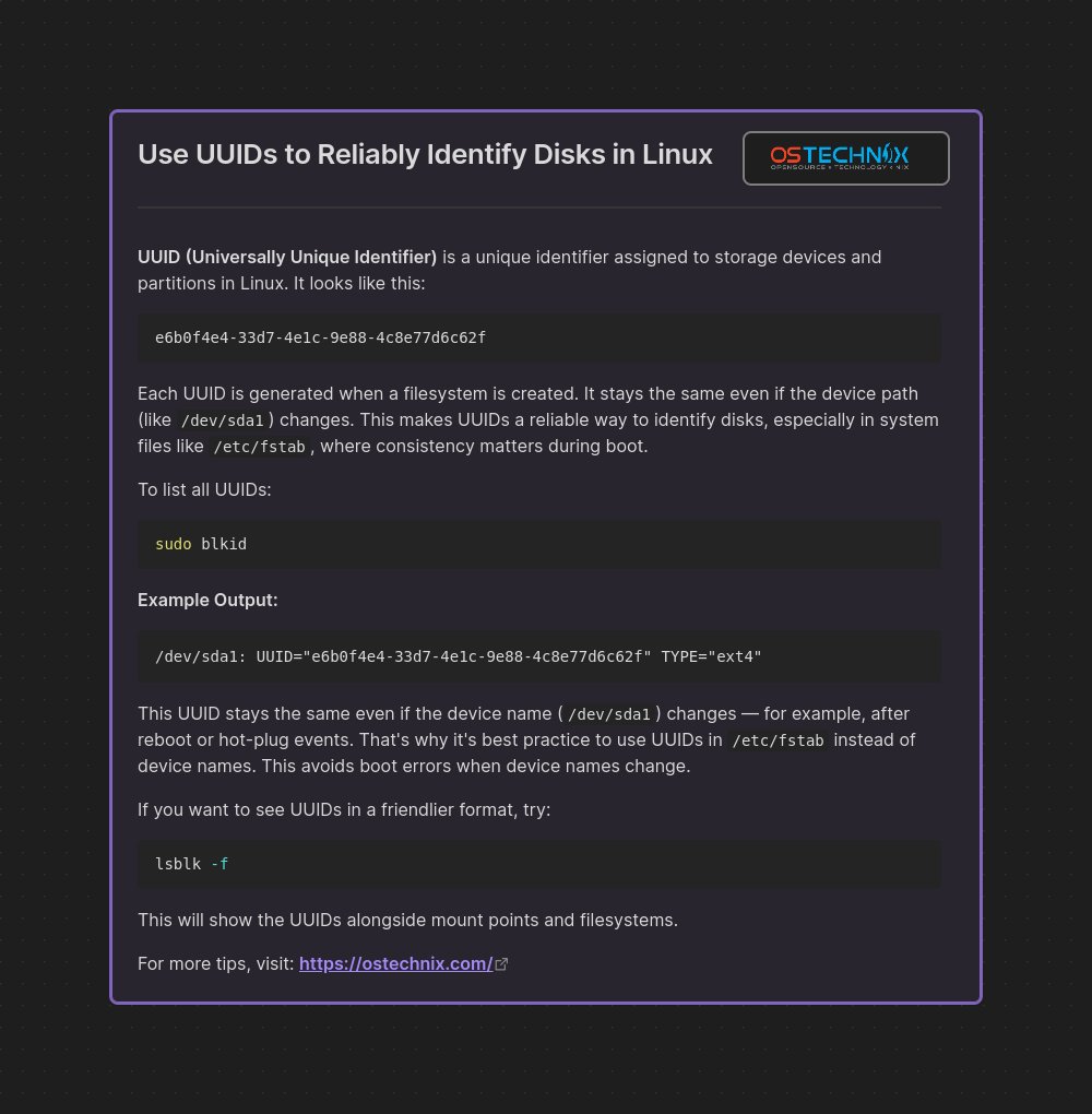 ostechnix's tweet image. Use UUIDs to Reliably Identify Disks in Linux #cheatsheets #uuid #linux #linuxcommands #linuxtips
