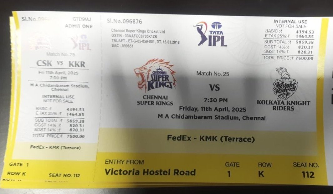 cheenu_13's tweet photo. #CSKvsKKR KMK terrace tickets available for the actual price (7.5k). Dm for details.
 #KKRvsCSK #ipltickets #csk #cskticket https://t.co/ojNeHcFtVM