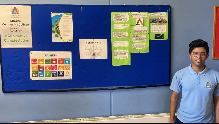 ccathlone's tweet photo. Sashwat, our Junior Mayor, pictured beside our Highly Commended entry for this year’s Arcadia Creative Climate Award! 🌍✨
Well done to all involved! 👏
#ACCArt #CreativeClimate #StudentVoice #WeAreLWETB #JuniorMayor #ProudMoment #ClimateAction #TeamACC 💚 https://t.co/C0z1V8YwDV
