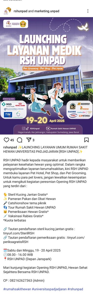 Thread steril kucing gratis, kebetulan lagi banyak steril gratis di bulan April. 
Steril kucing gratis di Malang, Makassar, Depok, Jatinangor Sumedang.