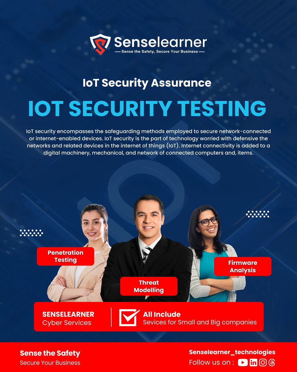 SenselearnerL's tweet photo. Shield your business with robust IoT Security Testing from Senselearner!

Secure your network. Secure your future.

#iotsecurity  #cybersecurity #pentesting #threatmodelling #firmwareanalysis #iottesting #techsecurity #senselearner  #networksecurity #cyberprotection #iotdevice https://t.co/hXG6eab9Cc