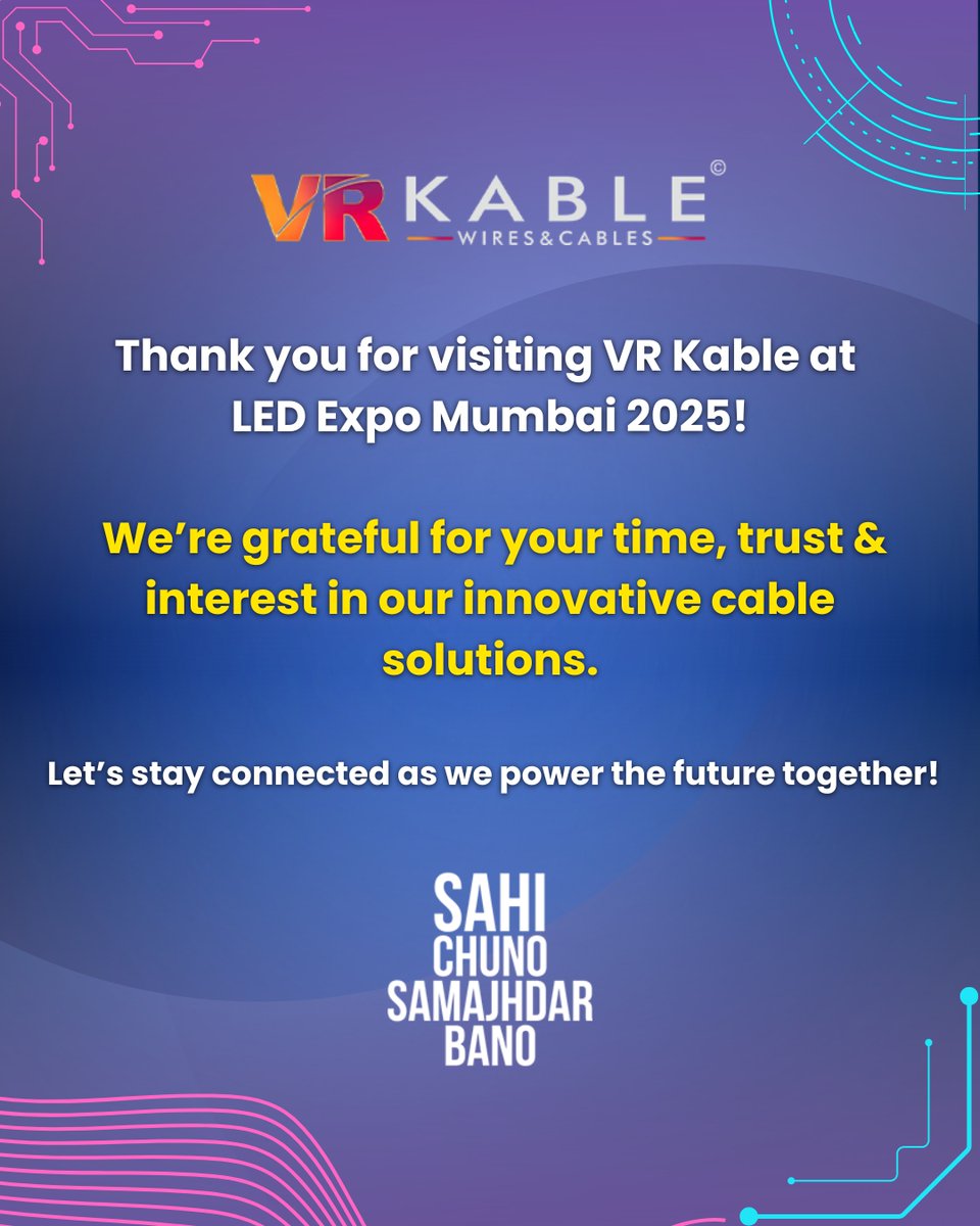 vrkable's tweet image. Grateful for the overwhelming response at Booth H90! Your energy lit up our showcase of wires, cables, and innovations. Let’s build a brighter future together.
#VRKable #LEDExpoMumbai2025 #SmartWiring #PoweringConnections #SahiChunoSamajhdarBano #ElectricInnovation #LEDExpoIndia
