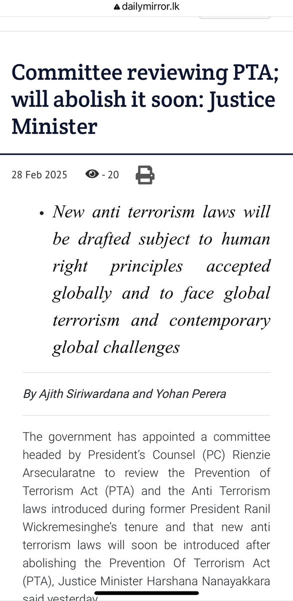 ambikasat's tweet photo. Glad to hear PM @Dr_HariniA say they are committed to repealing #PTA but, she says cabinet has approved the appt of a committee to “provide recommendations for repeal of PTA”. Why do they need to appoint a committee when govt announced in Feb that a committee had been apptd. https://t.co/0ueTreK6uu