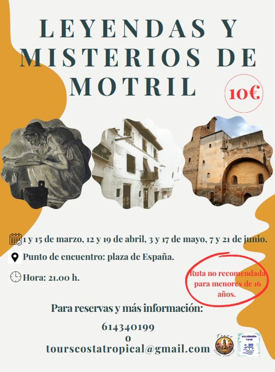 Sumérgete en los misterios y leyendas del Motril de antaño, de la mano de Tours Costa Tropical; mañana sábado 12 y el 19 de abril, con salida de ruta a las 21 h, desde la Plaza de España. Una experiencia que te sorprenderá. Reservas en el 614340199 0 tourscostatropical@gmail.com
