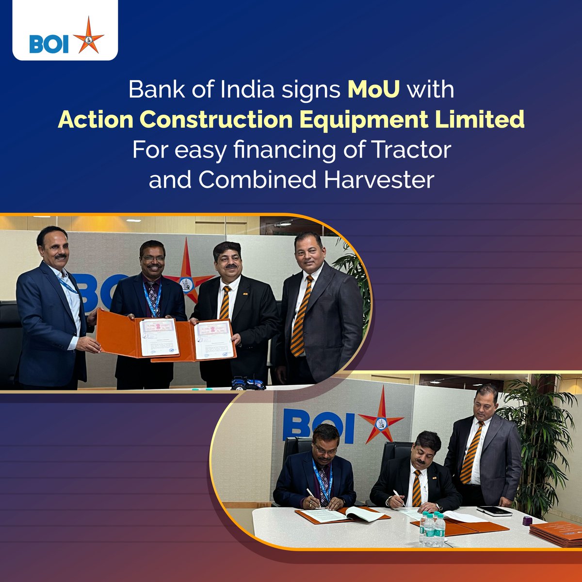 BankofIndia_IN's tweet image. Bank of India has signed an MoU with Action Construction Equipment Limited on 08.04.25 to finance Tractors &amp;amp; Combine Harvesters. A strategic step to drive farm mechanisation and empower India's agricultural backbone. 
#BankofIndia #AgricultureFinance #FarmMechanisation #ACE