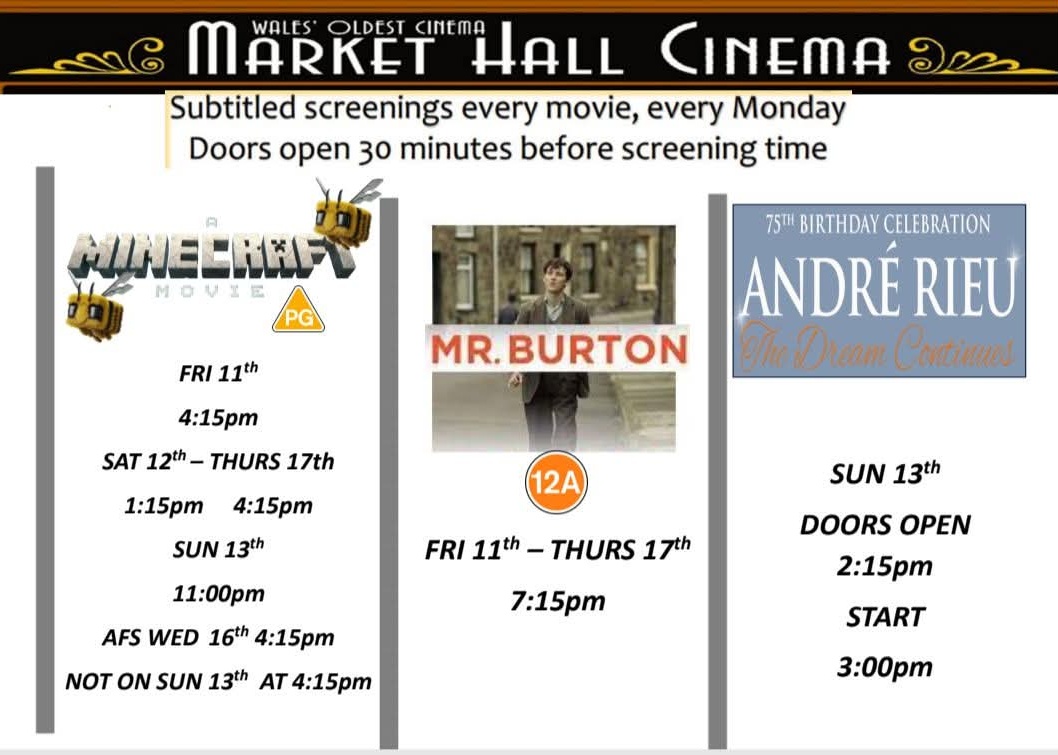 DJHOWARD1982's tweet image. Showing at @MarketCinema : @AMinecraftMovie ⛏️, #MrBurton 🎭 &amp;amp; @AndreRieu 🎶 #TheDreamContinues 💃 #MarketHallCinema #WalesOldestCinema 🎥🎬🎫🎦 @WarnerBros 🎥 markethallcinena.co.uk 💻