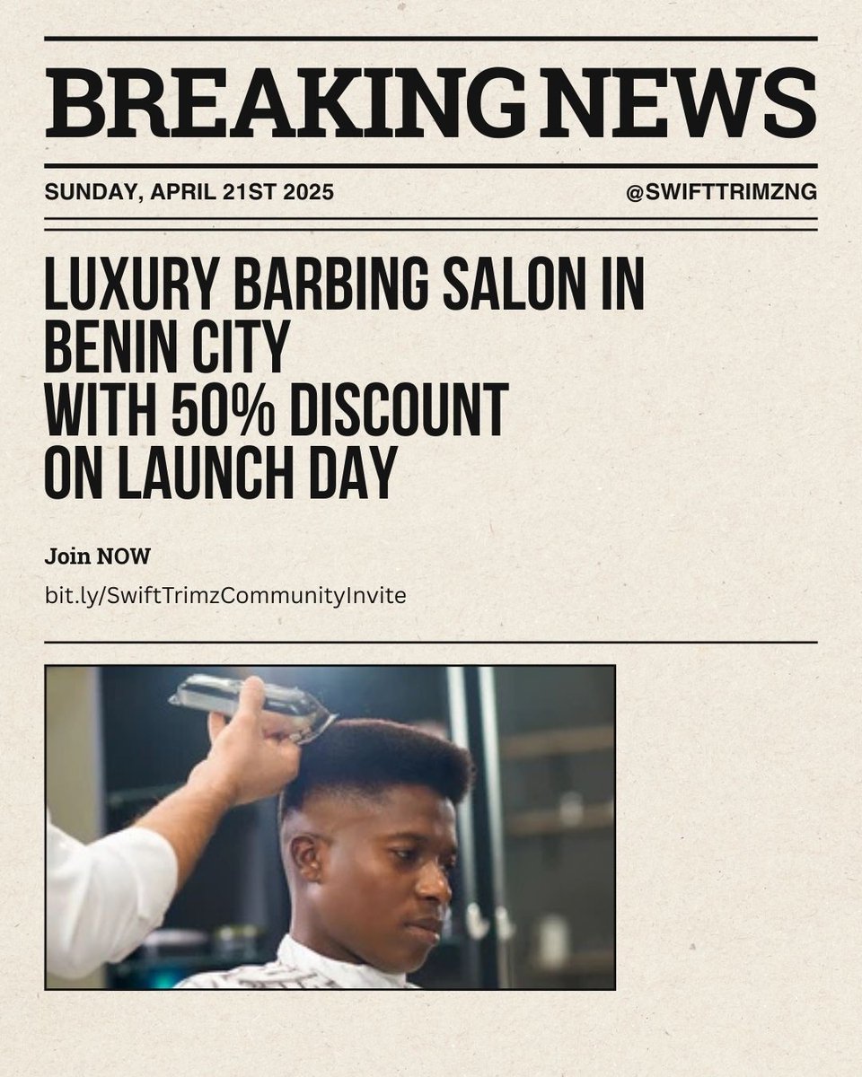 SwiftTrimzNG's tweet image. Level up your grooming game!  

Swift Trimz opens April 21 with 50% OFF. Premium cuts, luxury vibes—don’t miss it!  

#SwiftTrimz #BeninCity #SharpAndClean #LuxuryCuts