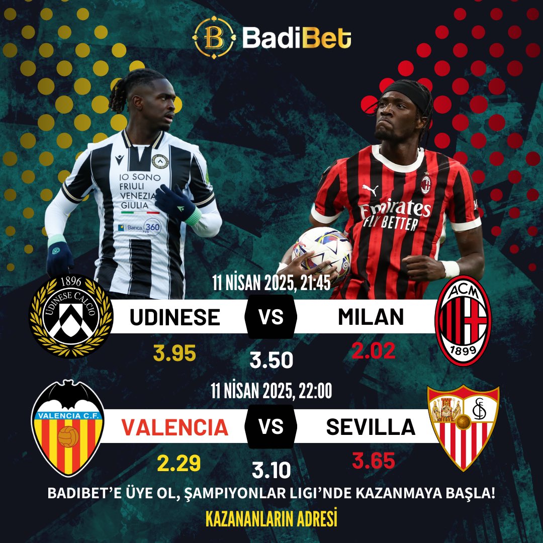 Bu gece sadece maç yok, fırsat var!⚽️
Kazananı önceden bilenler Badibet’te yerini aldı bile!💸

Udinese 3.95 – Sürprize oynayanlar için altın oran!
Milan 2.02 – Favori belli, risk düşük kazanç yüksek!
Valencia 2.29, Sevilla 3.65 – Bu oranlar kaçmaz, sadece cesurlar kazanır!