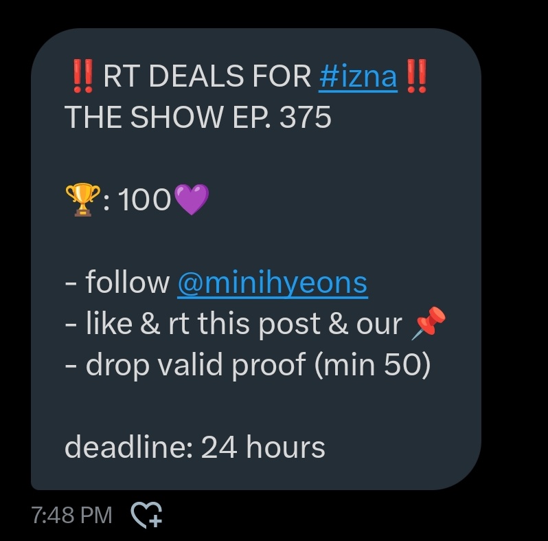‼️RT DEALS FOR #izna‼️ 
THE SHOW EP. 375

🏆: 100💜

- follow <a href="/minihyeons/">n ; sell kpop votes</a>
- like &amp; rt this post &amp; our 📌
- drop valid proof (min 50)

deadline: 24 hours