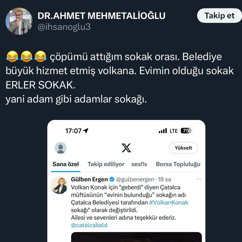 Volkan Konak’a “geberdi” diyen Çatalca Müftüsü tekrar rezaletle adından söz ettirdi.

Gülben Ergen’e cevap vermeye çalışırken fake hesabından takip ettiği toplulukları ifşaladı.
