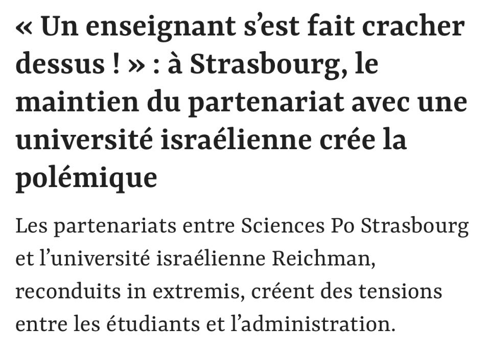 JPVETTER's tweet photo. À #Strasbourg, on crache sur les responsables publics et on traque ceux qui défendent les valeurs de notre université. Jusqu’où ira-t-on ?

⬇️⬇️⬇️⬇️

Je suis révolté par ce qui s’est passé mardi soir à Strasbourg.

Alors que le conseil d’administration de l’IEP a voté le maintien du partenariat avec Reichman – un vote conforme aux valeurs de notre université –, une centaine de militants du comité Palestine et des groupuscules ont déchaîné une violence inacceptable.

Une véritable chasse à l’homme a été menée contre le directeur de l’IEP, suivi sur plus d’un kilomètre dans les rues de Strasbourg aux cris de “Israel Genocide, Heurtin complice”.

Le directeur adjoint a été pris pour cible, hué, insulté, craché dessus.

Où va-t-on ? Qui pourra encore défendre des positions démocratiquement adoptées sans craindre l’intimidation ou l’agression physique ?

Je condamne fermement l’attitude des partis politiques qui s’acharnent à radicaliser et à conflictualiser le débat public, au risque d’alimenter une spirale de violence et d’intimidation intolérable.

Je lance un appel solennel à @JeanneBarsegh, maire de Strasbourg, et à l’ensemble des responsables politiques de notre territoire, tous horizons confondus, pour qu’ils condamnent sans la moindre ambiguïté ces actes de violence inacceptables. 

Strasbourg, terre de concorde et de dialogue, ne peut restée muette plus longtemps.