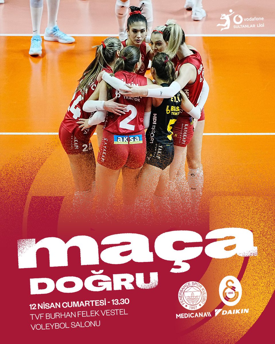 GSVoleybol1905's tweet photo. Galatasaray Daikin Kadın Voleybol Takımımız, 2024-2025 sezonu Vodafone Sultanlar Ligi Play-Off 1-4 Etabı ikinci maçında Fenerbahçe Medicana’nın konuğu olacak.

🔗 https://t.co/zUOBdvPo2c https://t.co/o8yMyU66qi