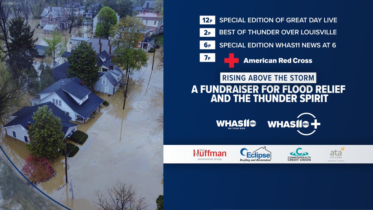 KY Derby Festival (@kyderbyfestival) on Twitter photo Celebrate the spirit of Thunder & support the community. 📺🤍
This year’s official #ThunderOverLouisville TV broadcast partner, <a href="/WHAS11/">WHAS11 News</a>, will share the “Best of” Thunder on Saturday, April 12th, and they’ve also partnered with the <a href="/RedCross/">American Red Cross</a> to raise money for flood relief. Celebrate the spirit of Thunder & support the community. 📺🤍
This year’s official #ThunderOverLouisville TV broadcast partner, <a href="/WHAS11/">WHAS11 News</a>, will share the “Best of” Thunder on Saturday, April 12th, and they’ve also partnered with the <a href="/RedCross/">American Red Cross</a> to raise money for flood relief.