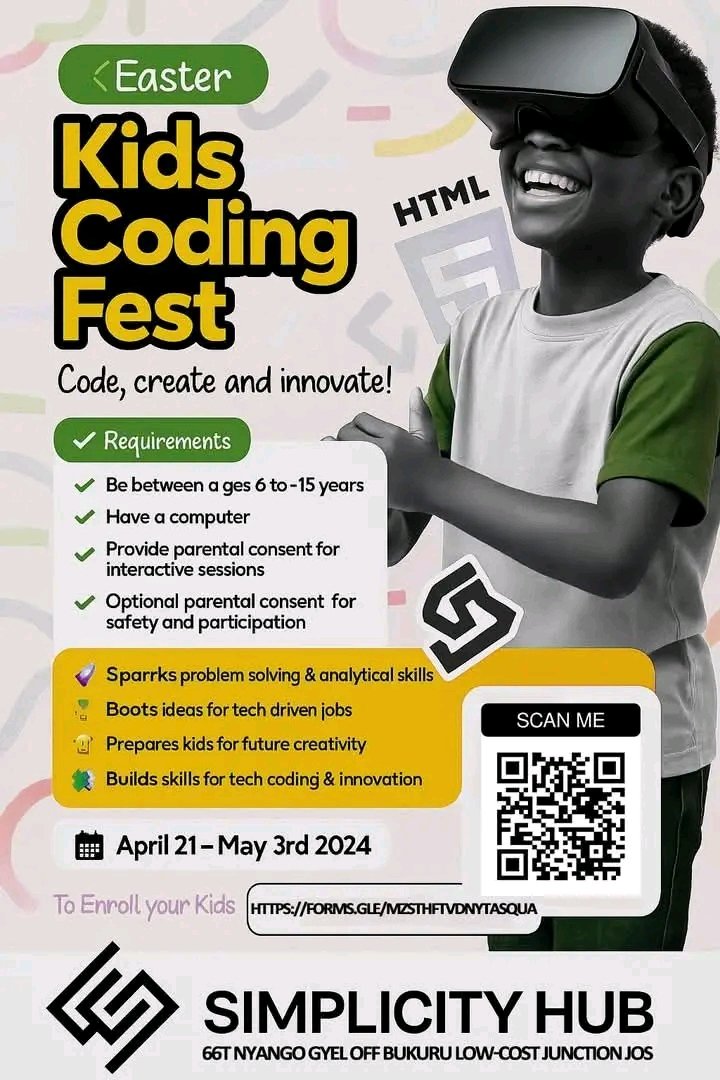 Simplicity_hub's tweet photo. Easter Kids Coding Fest is Here!
Let your child explore the world of coding, creativity &amp; tech fun this holiday! 
Simplicity Hub, Jos 

April 21 – May 3 | Ages 6–15
Register Now! Limited slots available!

https://t.co/Omx3eh0wH8 https://t.co/N6GYoBWM8w