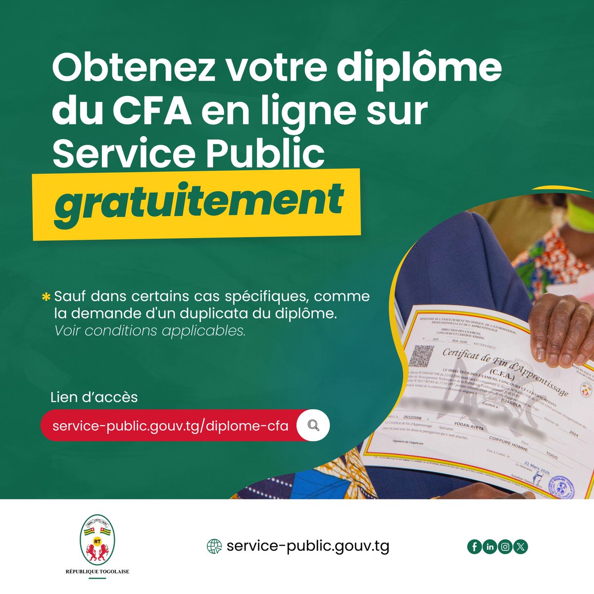 🎓 Vous avez réussi à l’examen du CFA ? Félicitations !

Demandez votre diplôme en ligne gratuitement sur le Guichet National des Services Publics Digitalisés !
En cas de perte de votre diplôme, vous pouvez aussi faire une demande de duplicata.
